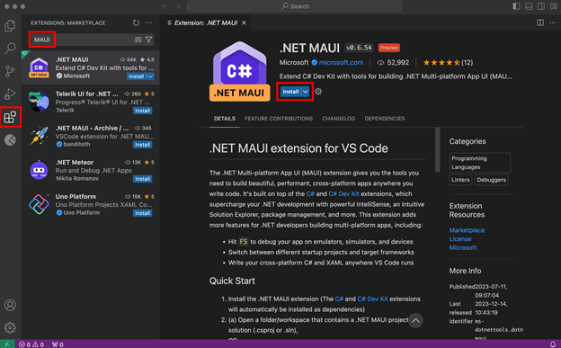 Net maui Extensions Button in vs code